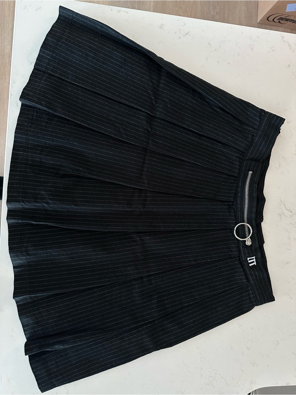 Love Too True Black Pinstripe Pleated Mini Skirt with O-Ring Accent size 14